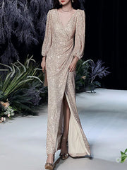 Gold Long Sleeve Sequin Prom Dress With Slit