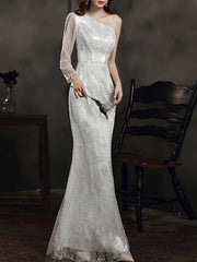 Long Sleeve Sequin Champagne Prom Dress