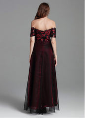 Tulle Off-the-shoulder Sequins Burgundy Evening Dress