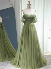 Sage Long Tulle Off The Shoulder Beading Prom Dress