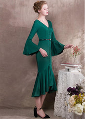 Satin V-neck Green Hi-lo Mermaid Formal Dress With Belt