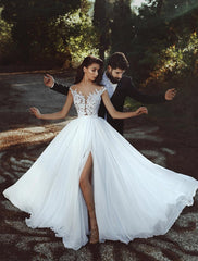 Beach Open Back Wedding Dresses Court Train A-Line Cap Sleeve Illusion Neck Chiffon With Pleats Split Front