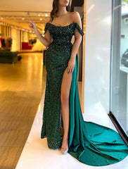 Green Off The Shoulder Beading Prom Dress