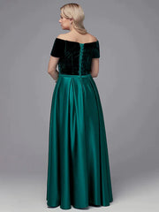 A-Line Special Occasion Dresses Elegant Dress Wedding Guest Floor Length Short Sleeve Off Shoulder Satin with Crystals