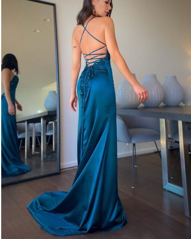 Mermaid V Neck Prom Dresses Lace Up Back - RongMoon
