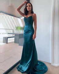 Mermaid V Neck Prom Dresses Lace Up Back - RongMoon