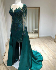 Mermaid Prom Dresses Lace Beaded Sheer Long Sleeves - RongMoon