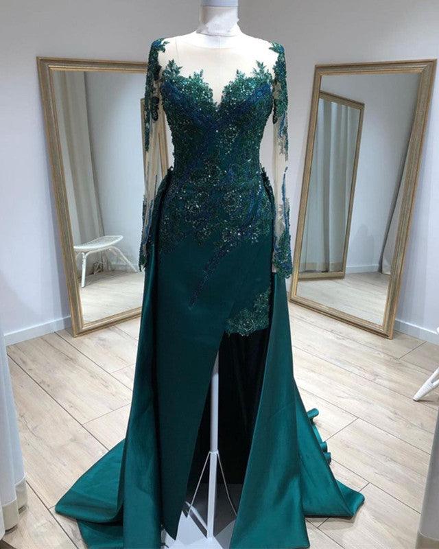 Mermaid Prom Dresses Lace Beaded Sheer Long Sleeves - RongMoon