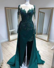 Mermaid Prom Dresses Lace Beaded Sheer Long Sleeves - RongMoon