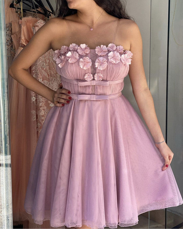 Tulle Homecoming Dresses Strapless With Handmade Flowers