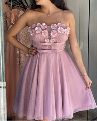 Tulle Homecoming Dresses Strapless With Handmade Flowers