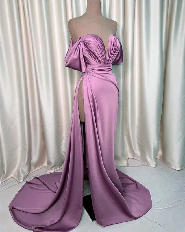 Sexy Off The Shoulder High Slit Satin Dresses