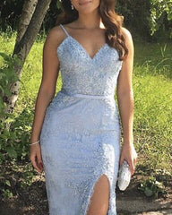 Elegant Lace Mermaid Prom Dresses V Neck Split