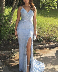 Elegant Lace Mermaid Prom Dresses V Neck Split