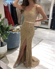 One Shoulder Lace Mermaid Split Dresses