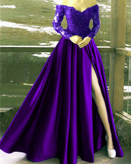 Lace Long Sleeves Off Shoulder Satin Split Dress