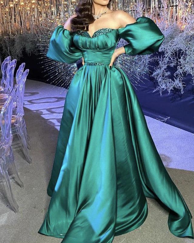 Puffy Sleeves Prom Dresses Satin Long Off The Shoulder - RongMoon