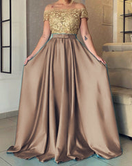 A-line /Princess Prom Dresses Long With Gold Lace
