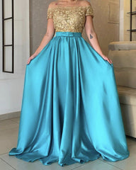 A-line /Princess Prom Dresses Long With Gold Lace