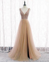 Tulle V Neck Sequins Beaded Dresses With Slit