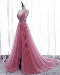 Tulle V Neck Sequins Beaded Dresses With Slit