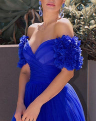 Tulle Flowers Off Shoulder Dresses With Split - RongMoon