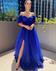 Tulle Flowers Off Shoulder Dresses With Split - RongMoon