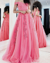 A Line Sweetheart Prom Dresses Tulle Appliques