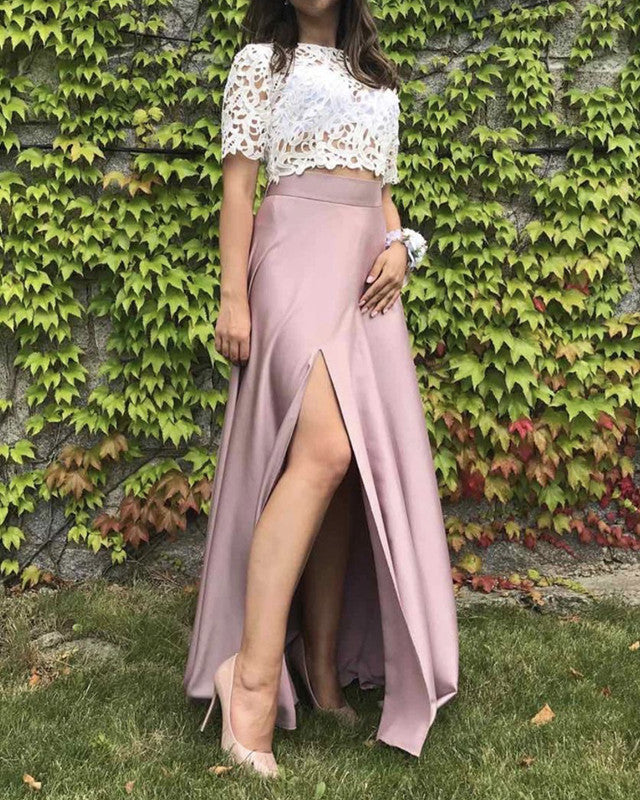 Two Piece Prom Dresses Lace Crop Satin Slit