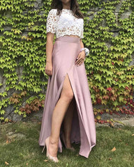 Two Piece Prom Dresses Lace Crop Satin Slit