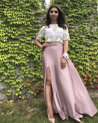 Two Piece Prom Dresses Lace Crop Satin Slit