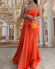 Mermaid One Shoulder Orange Prom Dresses Beaded Split