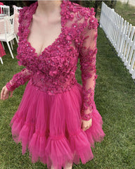 Long Sleeves Homecoming Dresses 3D Lace Flowers Tulle Ruffles
