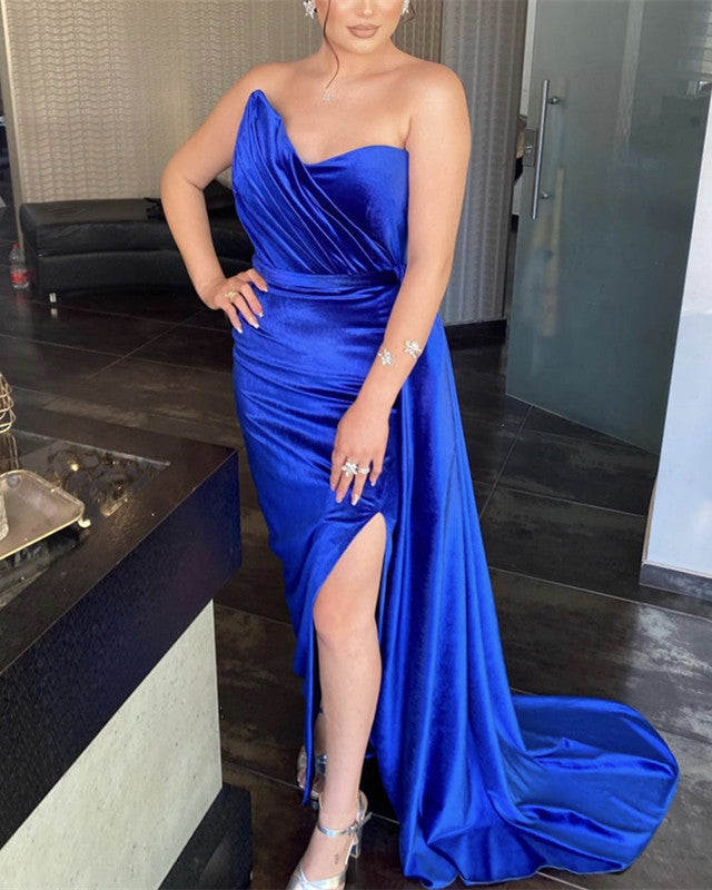 Velvet Strapless Mermaid Dresses With Slit