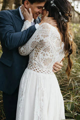 V Neck Long Sleeves Lace Beach Sheer Wedding Dress
