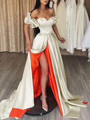 Champagne Satin Puffy Sleeve Prom Dress With Slit