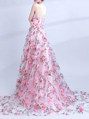 Pink Floral Strapless A Line Lace Up Prom Dress