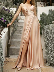 V Neck Blue Charmeuse Prom Dress with Ruched Slit