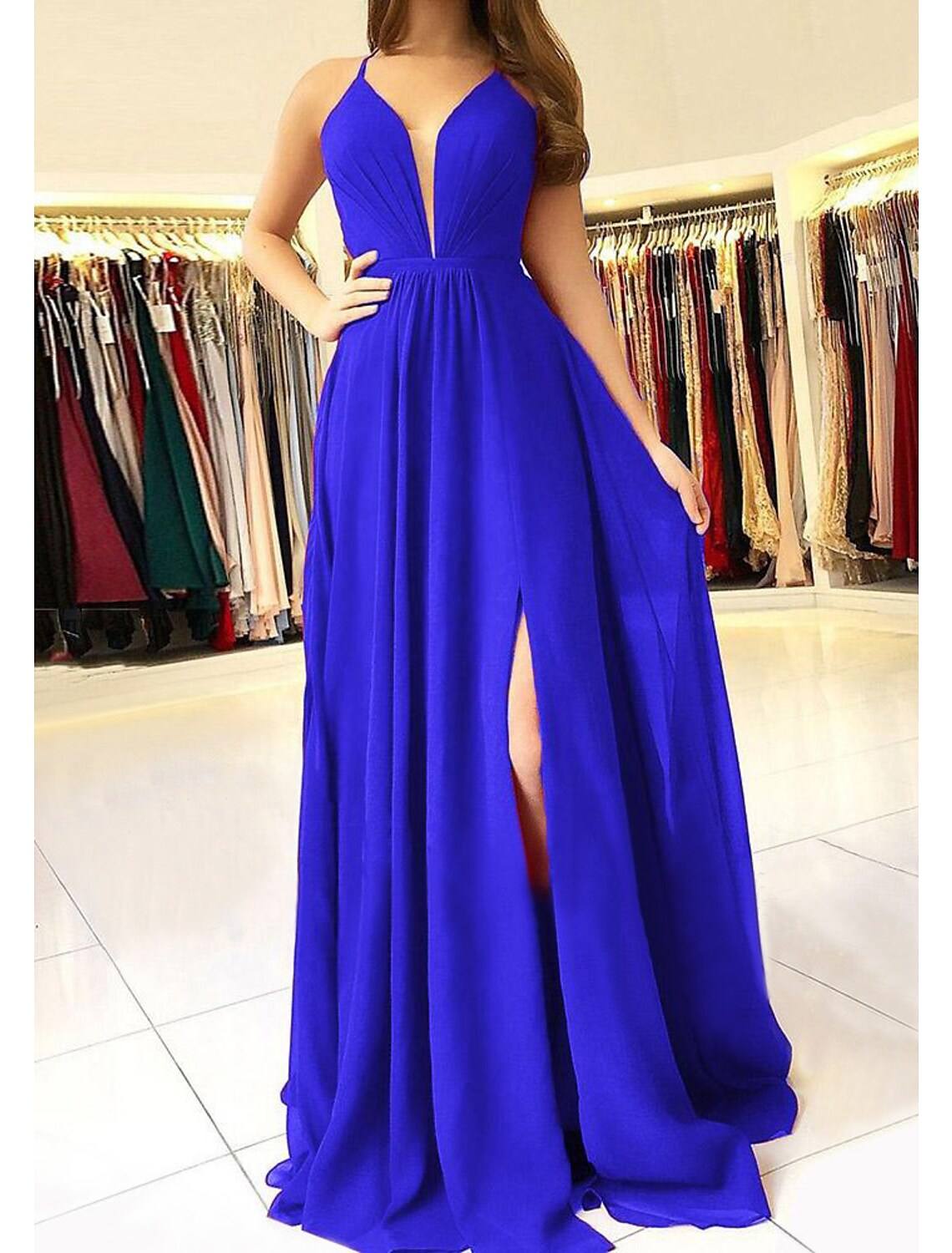 A-line/Princess Scalloped Neck Sleeveless Long/Floor-Length Chiffon Prom Dress With Split - RongMoon