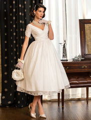 Bridal Shower Vintage 1940s / 1950s Little White Dresses Wedding Dresses Tea Length A-Line Short Sleeve V Neck Satin With Lace Criss Cross