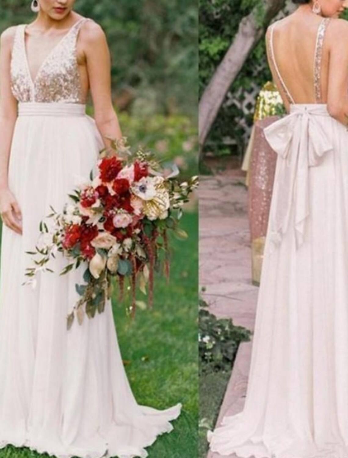 A-Line Bridesmaid Dress V Neck Sleeveless Beautiful Back Sweep / Brush Train Chiffon / Sequined with Bow(s) / Pleats - RongMoon