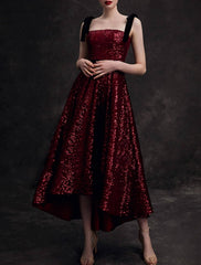 A-Line Bridesmaid Dress Spaghetti Strap / Strapless Sleeveless Elegant Asymmetrical / Ankle Length Sequined with Pleats - RongMoon