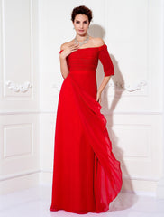 Sheath / Column Minimalist Dress Wedding Guest Sweep / Brush Train Half Sleeve Off Shoulder Chiffon with Ruched Draping