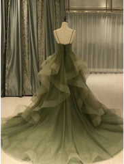 A-Line Prom Dresses Elegant Dress Formal Court Train Christmas Red Green Dress Sleeveless Spaghetti Strap Tulle with Pleats Ruffles