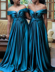 A-Line Bridesmaid Dress Off Shoulder Short Sleeve Elegant Sweep / Brush Train Spandex with Bow(s) / Pleats - RongMoon