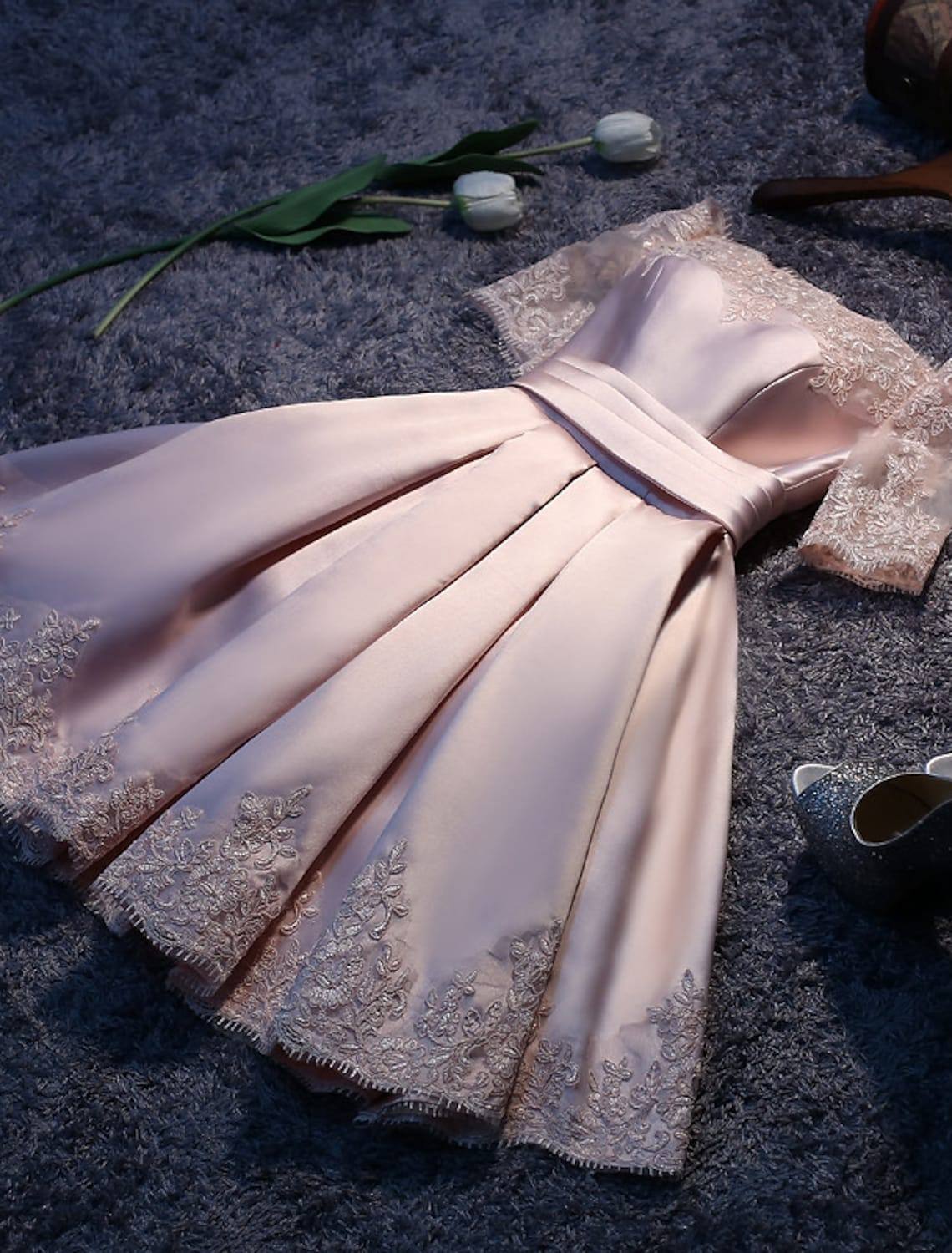 A-Line Bridesmaid Dress Off Shoulder Short Sleeve Elegant Short / Mini Satin with Lace - RongMoon