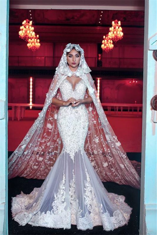 Lace Mermaid Beads Straps Appliques Wedding Dress with Court Train