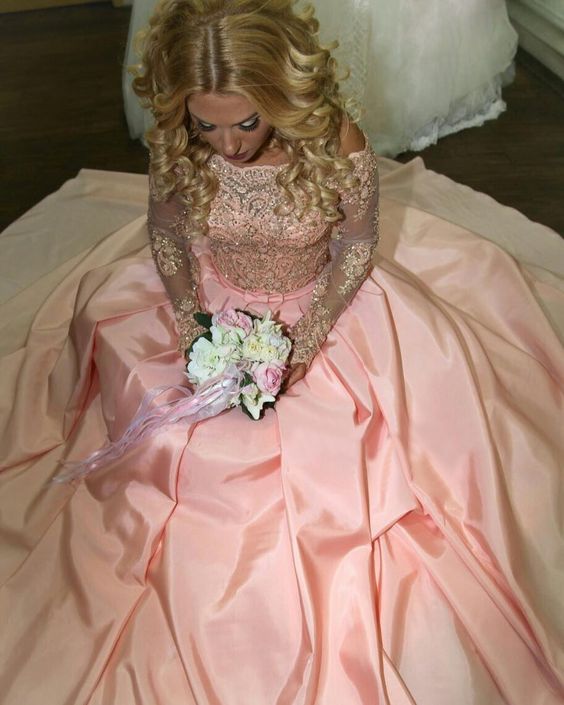 Gold Lace Long Sleeves Off Shoulder Ball Gowns Satin Blush Wedding Dresses