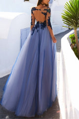 Sexy  A-Line See Through Lace Open Back Long Evening Dresses
