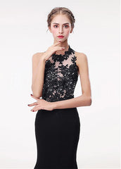 Halter Satin Black Mermaid Evening Prom Dress
